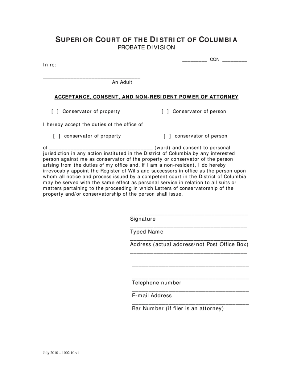 Acceptance, Consent, and Non-resident Power of Attorney (Con) - Washington, D.C., Page 1