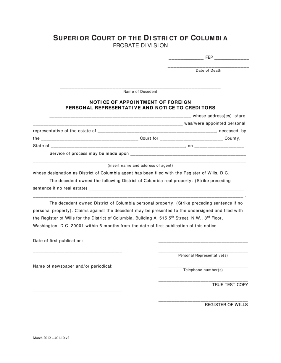 Notice of Appointment of Foreign Personal Representative and Notice to Creditors - Washington, D.C., Page 1