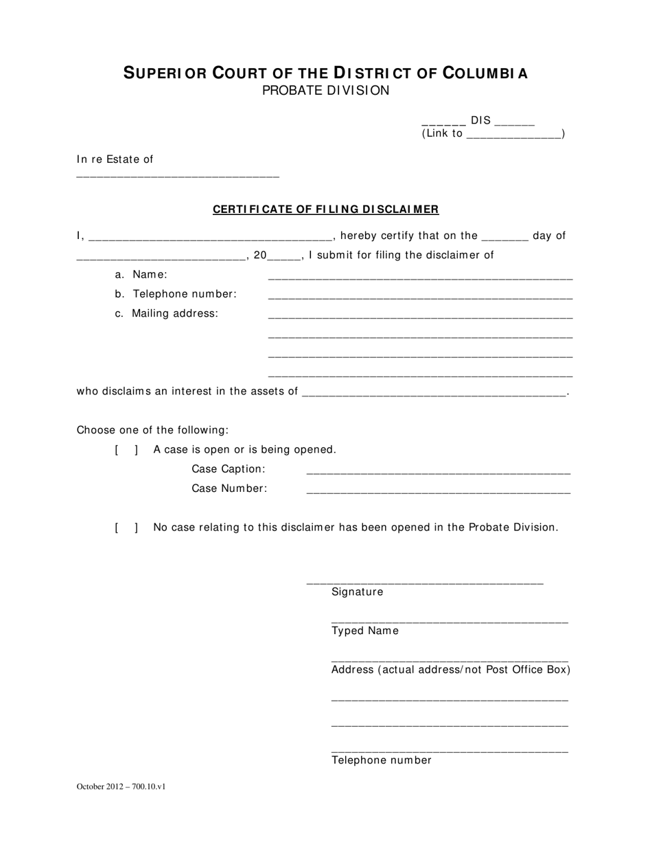 Certificate of Filing Disclaimer - Washington, D.C., Page 1