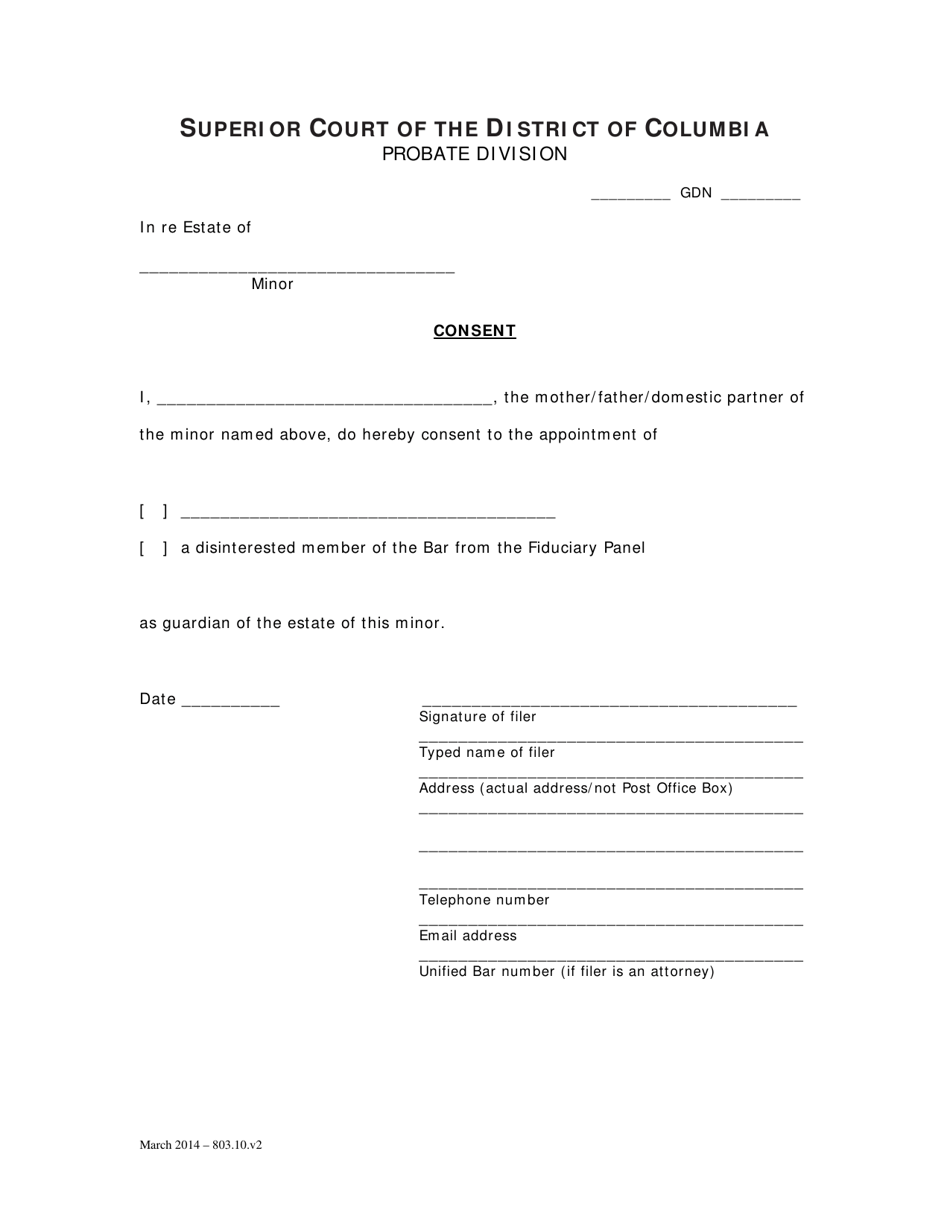 Consent (From Parents / Domestic Partners if Alive and Not Petitioners) - Washington, D.C., Page 1