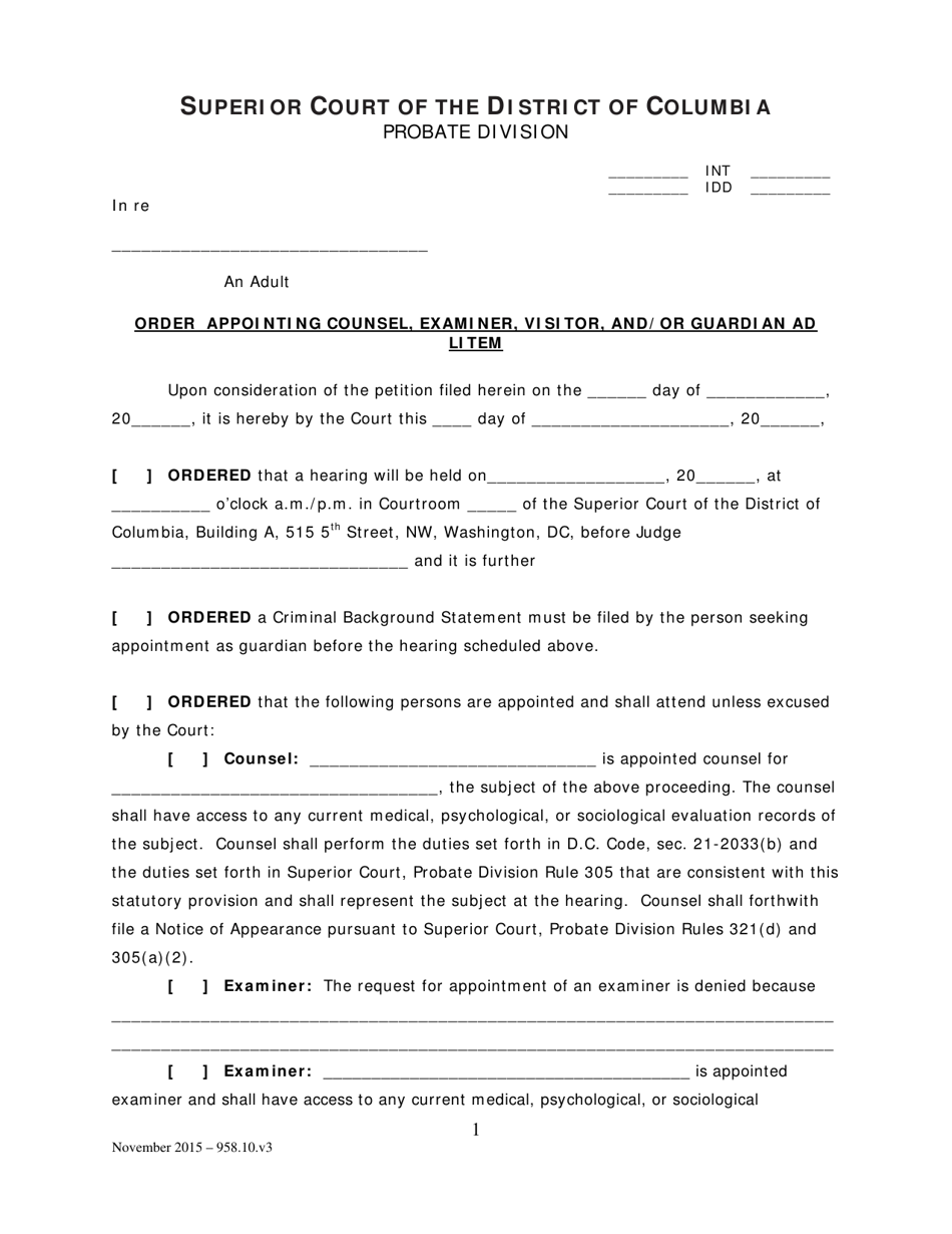 Order Appointing Counsel, Examiner, Visitor, and / or Guardian Ad Litem - Washington, D.C., Page 1
