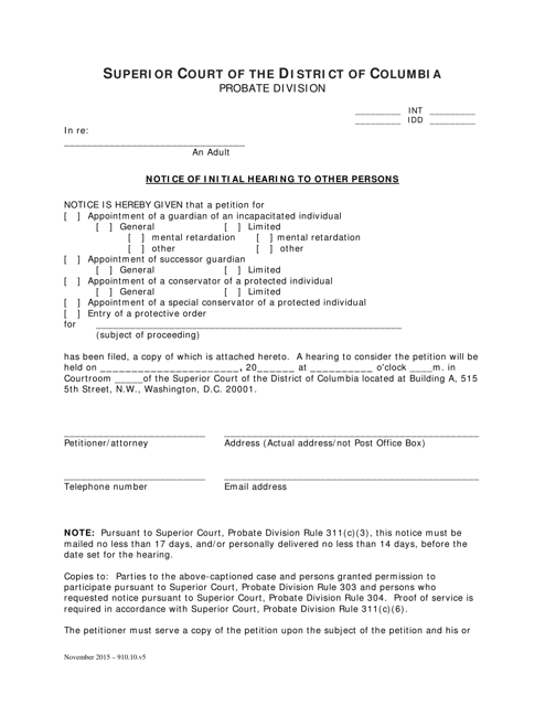 Notice of Initial Hearing to Other Persons - Washington, D.C. Download Pdf