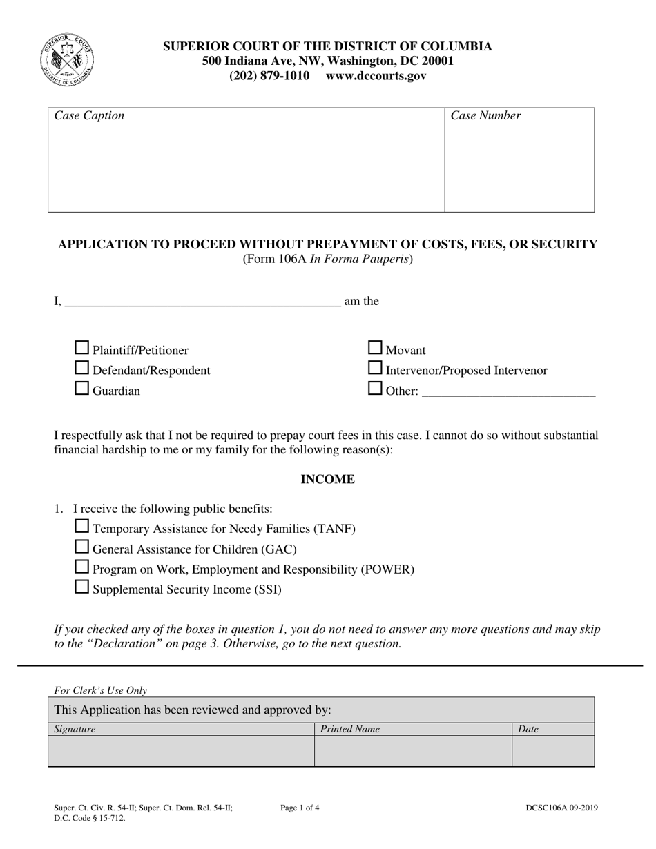 Form DCSC106A Application to Proceed Without Prepayment of Costs, Fees, or Security - Washington, D.C., Page 1