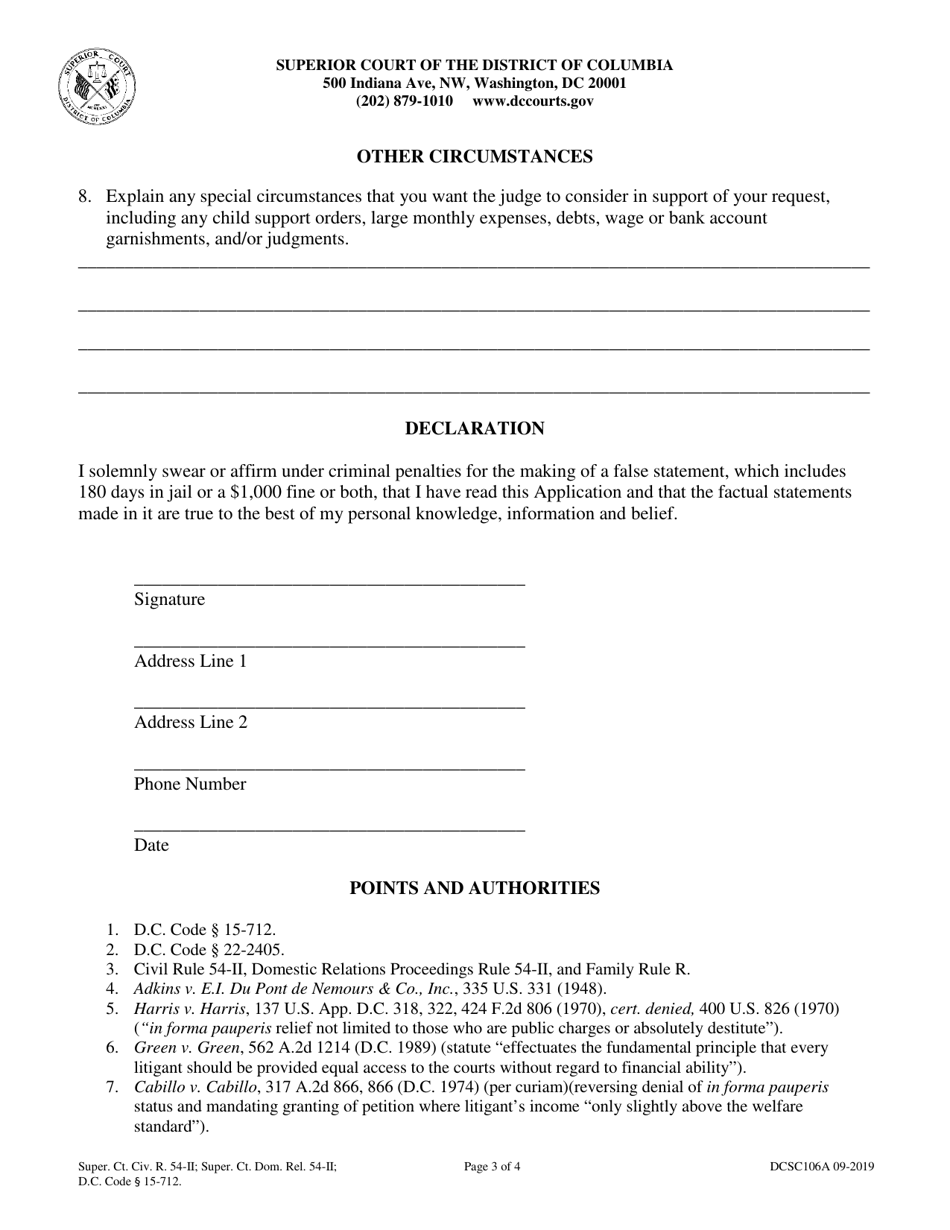 Form DCSC106A Application to Proceed Without Prepayment of Costs, Fees, or Security - Washington, D.C., Page 3