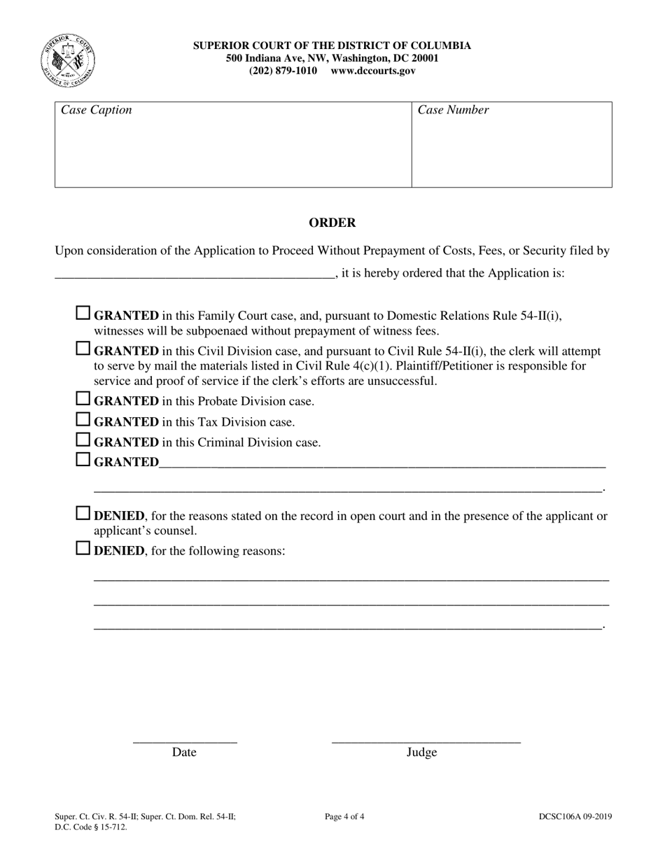 Form DCSC106A Application to Proceed Without Prepayment of Costs, Fees, or Security - Washington, D.C., Page 4
