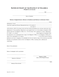 Document preview: Notice of Appointment, Notice to Creditors and Notice to Unknown Heirs (Seb) - Washington, D.C.