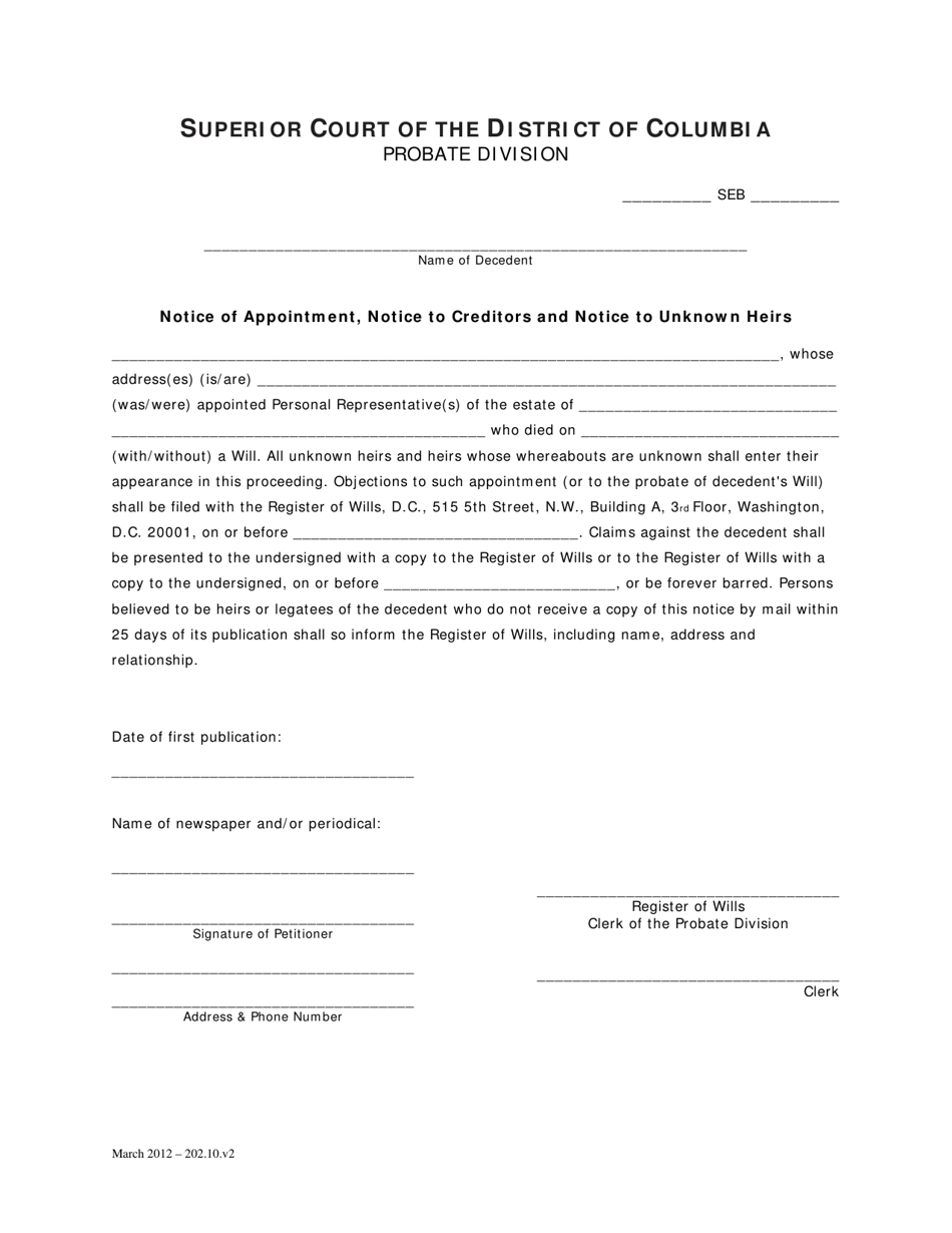 Notice of Appointment, Notice to Creditors and Notice to Unknown Heirs (Seb) - Washington, D.C., Page 1