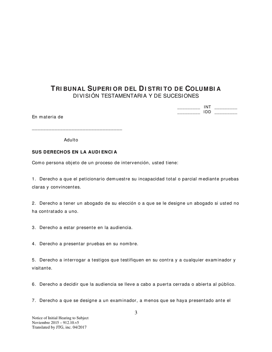 Notificacion De Audiencia Inicial a La Persona Objeto De La Audiencia - Washington, D.C. (Spanish), Page 3