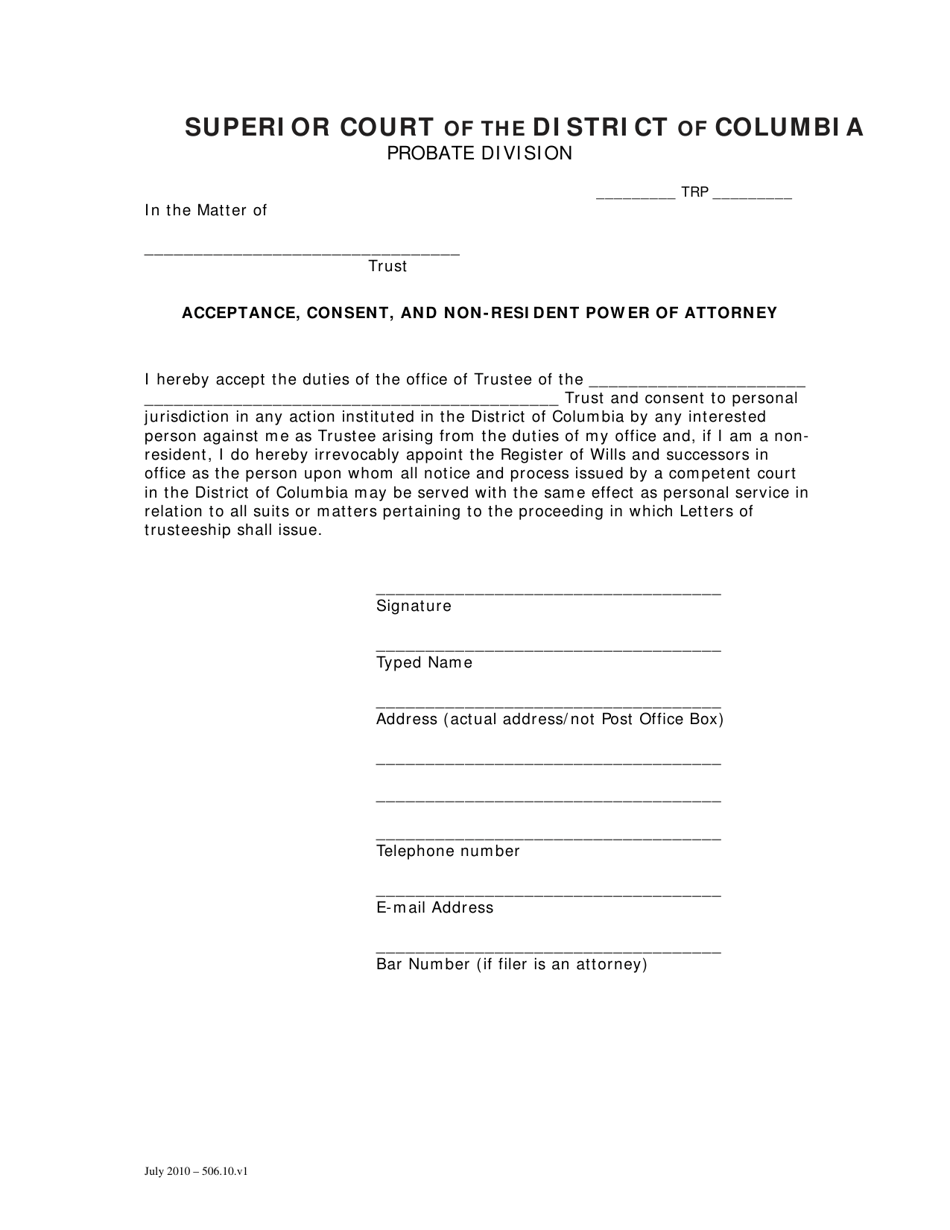 Acceptance, Consent, and Non-resident Power of Attorney - Washington, D.C., Page 1