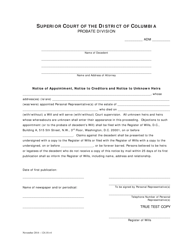 Document preview: Notice of Appointment, Notice to Creditors and Notice to Unknown Heirs - Standard Probate (Adm) - Washington, D.C.