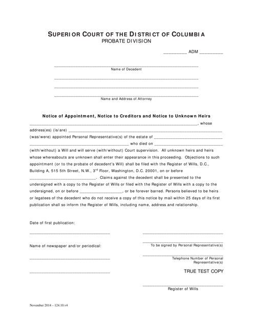 Notice of Appointment, Notice to Creditors and Notice to Unknown Heirs - Standard Probate (Adm) - Washington, D.C. Download Pdf