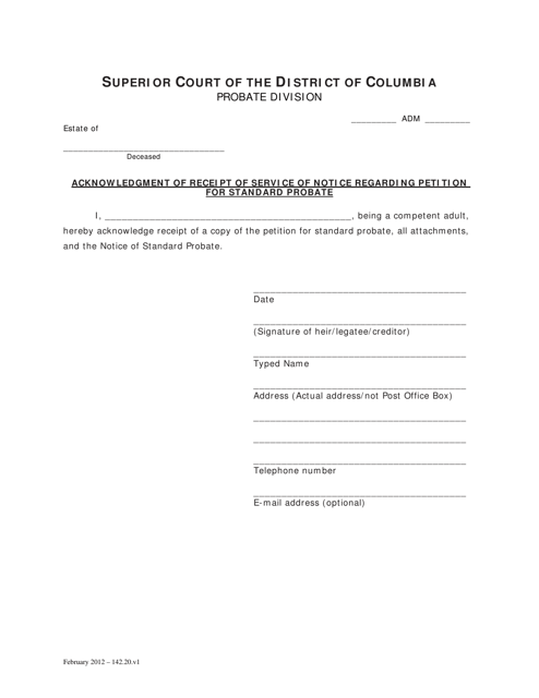 Acknowledgment of Receipt of Service of Notice Regarding Petition for Standard Probate - Washington, D.C. Download Pdf