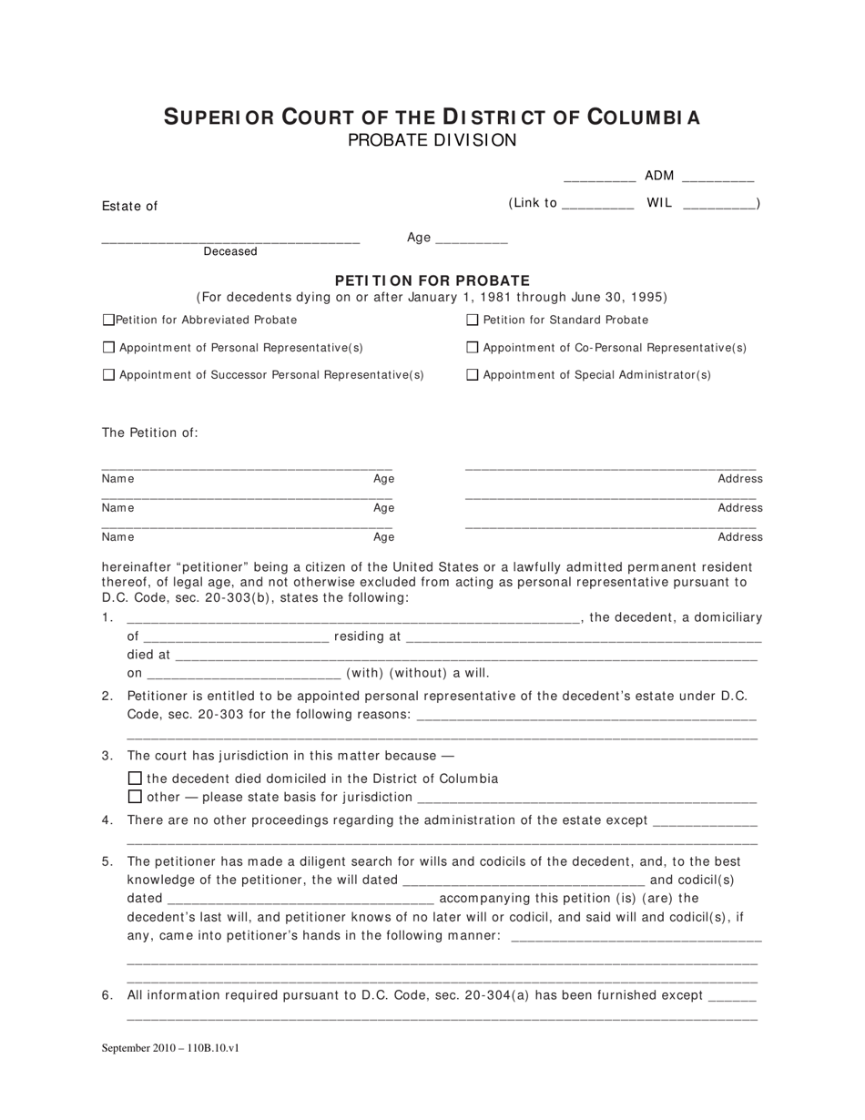Petition for Probate (For Decedents Dying on or After January 1, 1981 Through June 30, 1995) - Washington, D.C., Page 1