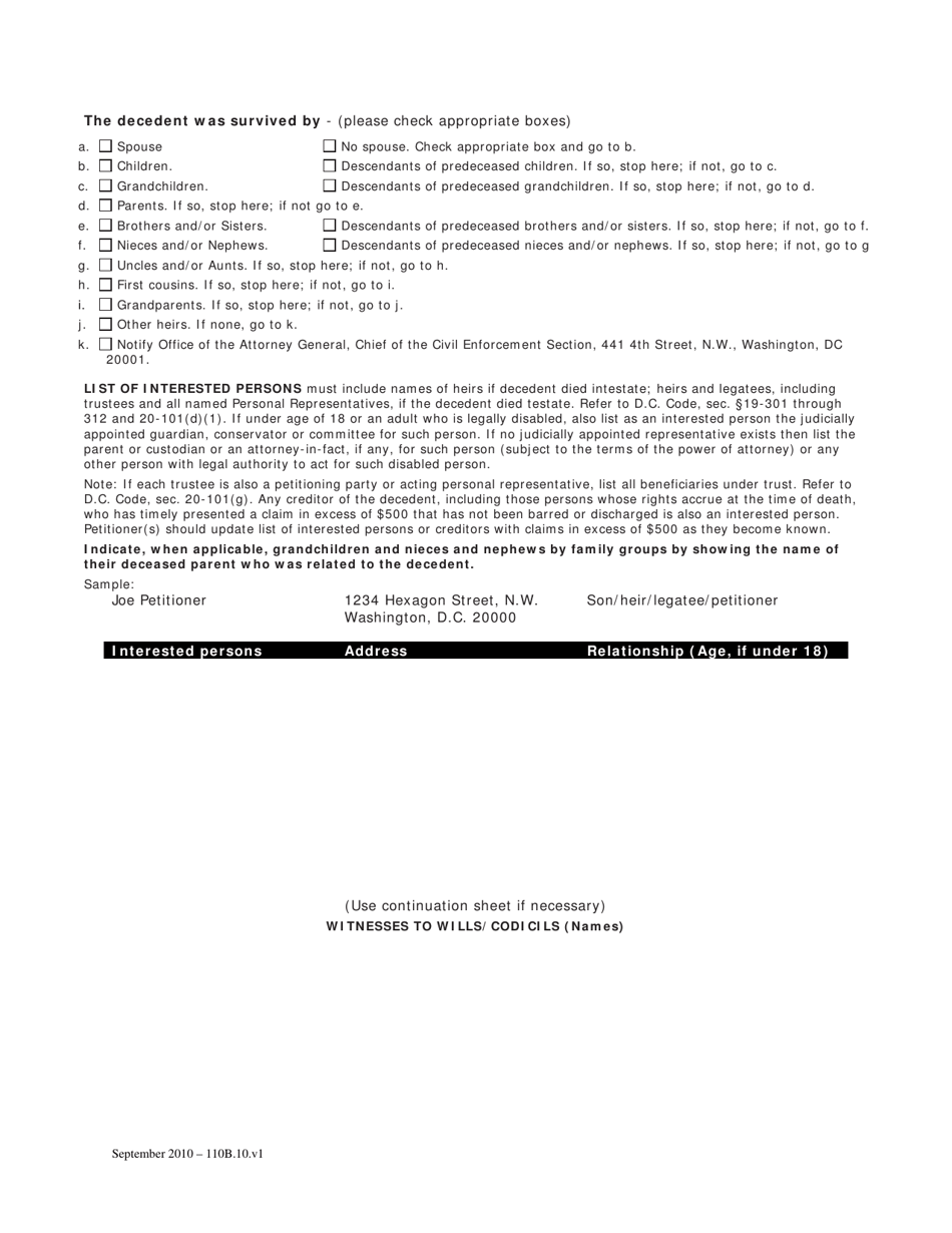 Petition for Probate (For Decedents Dying on or After January 1, 1981 Through June 30, 1995) - Washington, D.C., Page 2