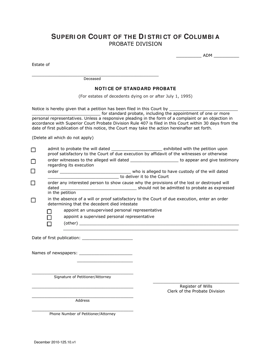 Notice of Standard Probate (For Estates of Decedents Dying on or After July 1, 1995) - Washington, D.C., Page 1