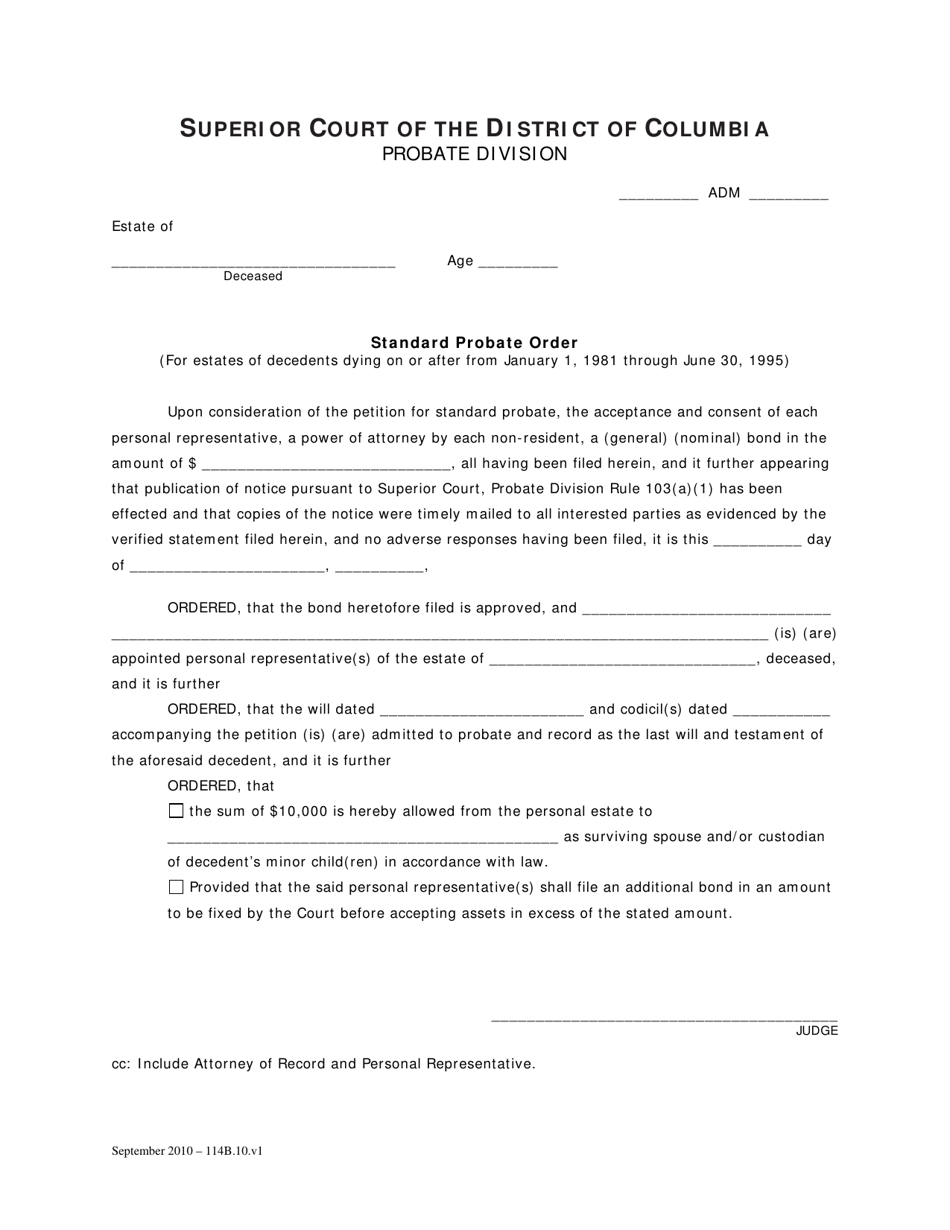 Standard Probate Order (For Estates of Decedents Dying on or After From January 1, 1981 Through June 30, 1995) - Washington, D.C., Page 1