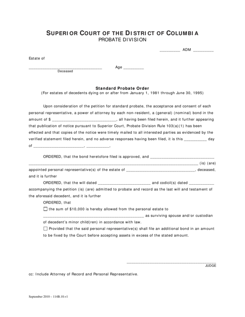 Standard Probate Order (For Estates of Decedents Dying on or After From January 1, 1981 Through June 30, 1995) - Washington, D.C. Download Pdf