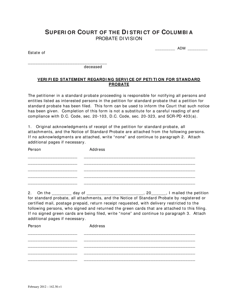 Verified Statement Regarding Service of Petition for Standard Probate - Washington, D.C., Page 1