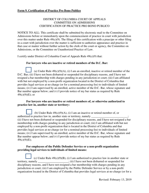 Form 9 Certification of Practice Pro Bono Publico - Washington, D.C.