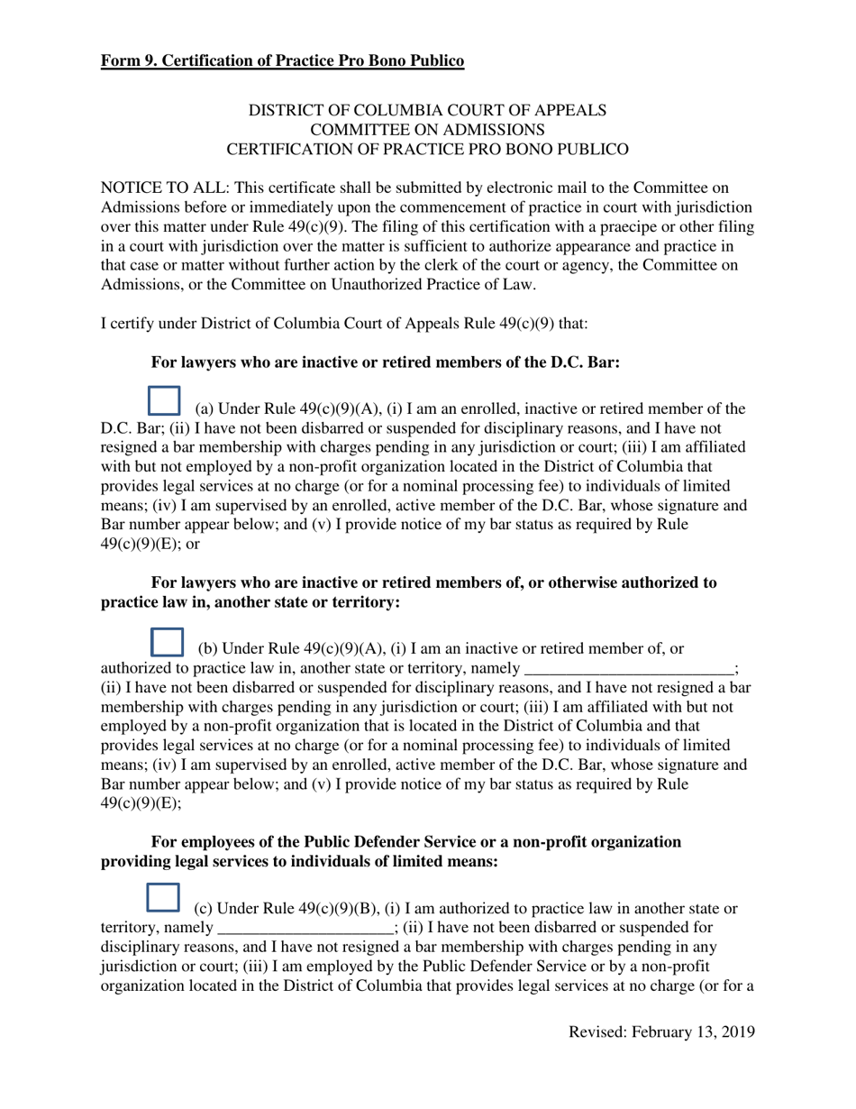 Form 9 Certification of Practice Pro Bono Publico - Washington, D.C., Page 1