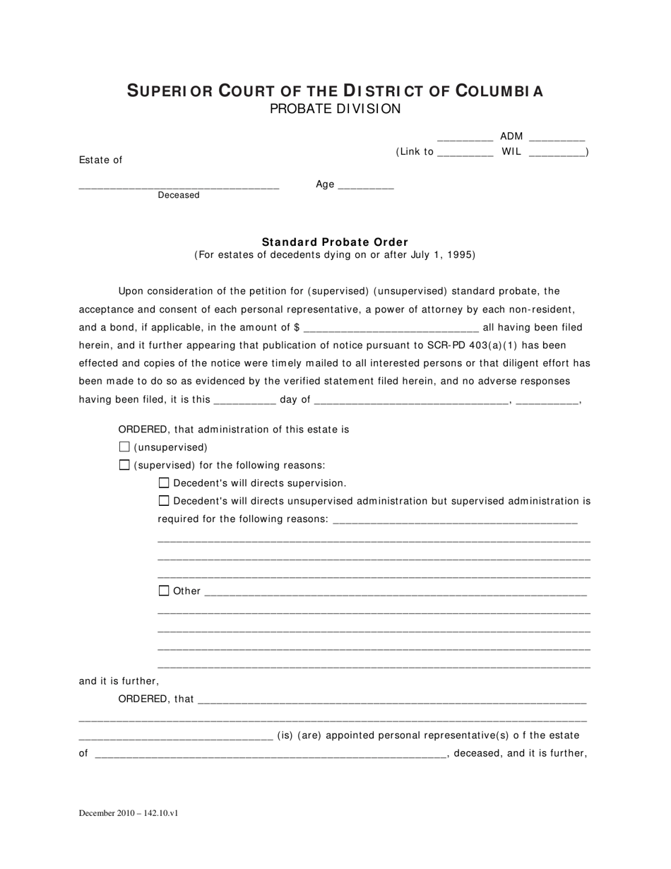 Standard Probate Order (For Estates of Decedents Dying on or After July 1, 1995) - Washington, D.C., Page 1