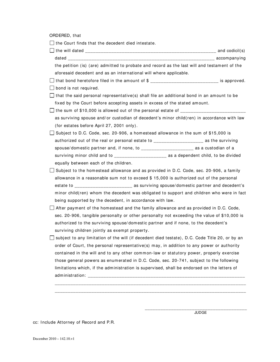 Standard Probate Order (For Estates of Decedents Dying on or After July 1, 1995) - Washington, D.C., Page 2
