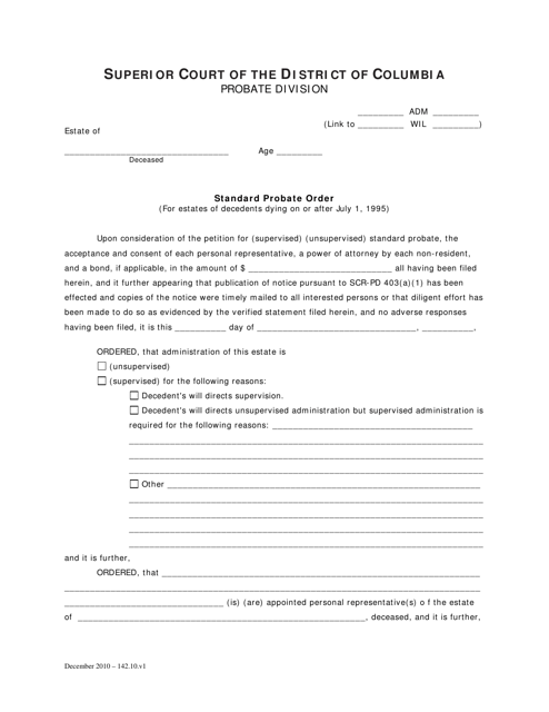 Standard Probate Order (For Estates of Decedents Dying on or After July 1, 1995) - Washington, D.C. Download Pdf