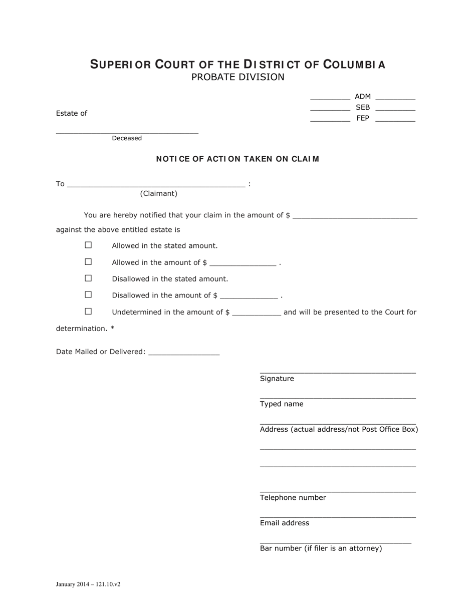 Washington D C Notice Of Action Taken On Claim Fill Out Sign