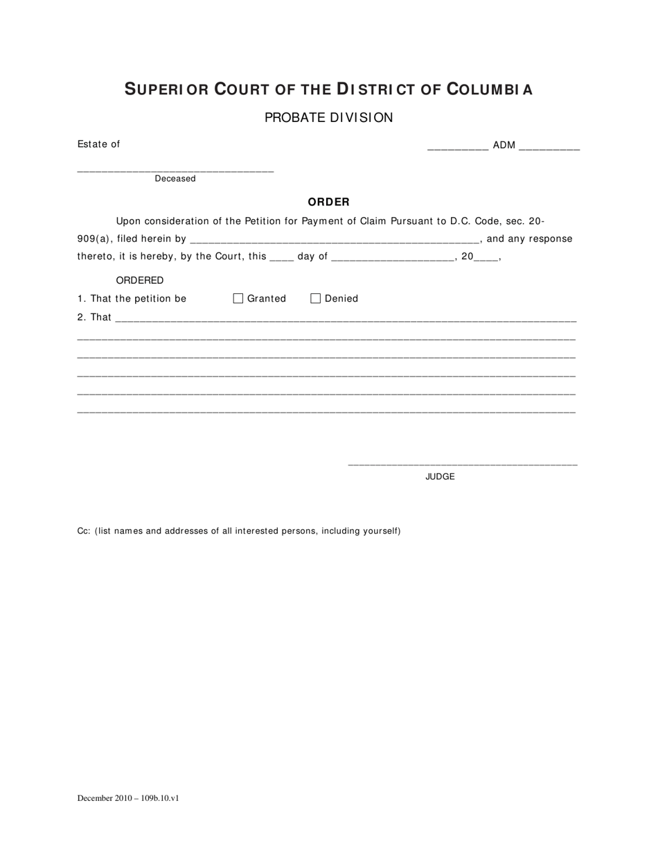 Petition for Payment of Claim Pursuant to D.c. Code, SEC. 20-909(A) and Order (For Estates of Decedents Dying on and After January 1, 1981 to June 30, 1995) - Washington, D.C., Page 3
