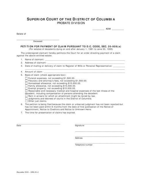 Petition for Payment of Claim Pursuant to D.c. Code, SEC. 20-909(A) and Order (For Estates of Decedents Dying on and After January 1, 1981 to June 30, 1995) - Washington, D.C. Download Pdf