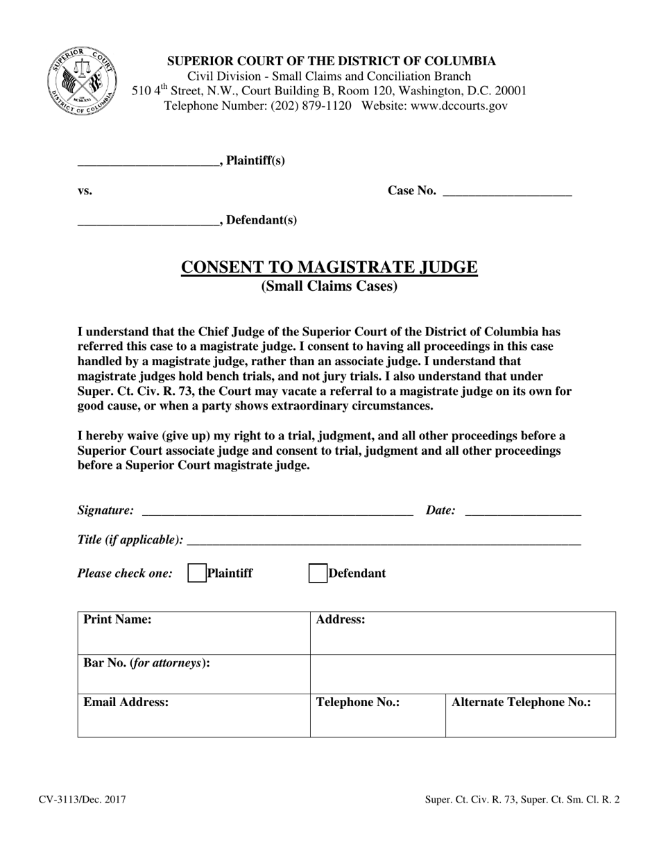 Form CV-3113 Consent to Magistrate Judge (Small Claims Cases) - Washington, D.C., Page 1