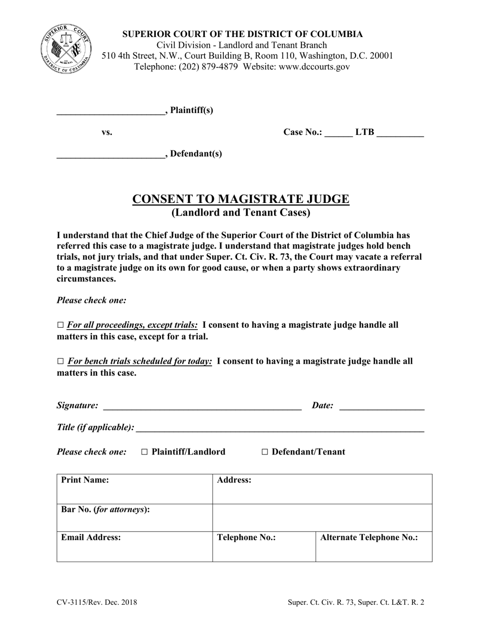 Form CV-3115 Consent to Magistrate Judge (Landlord and Tenant Cases) - Washington, D.C., Page 1