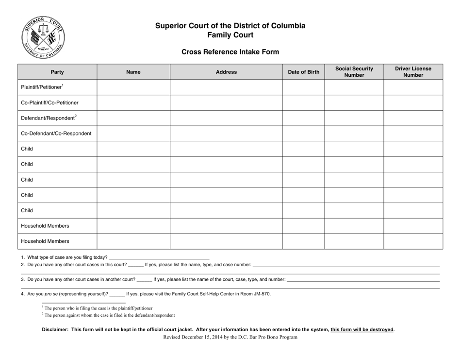 Cross Reference Intake Form - Washington, D.C., Page 1