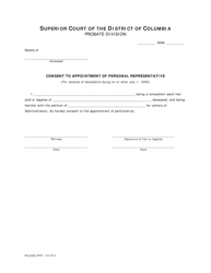 Document preview: Consent to Appointment of Personal Representative (For Estates of Decedents Dying on or After July 1, 1995) - Washington, D.C.