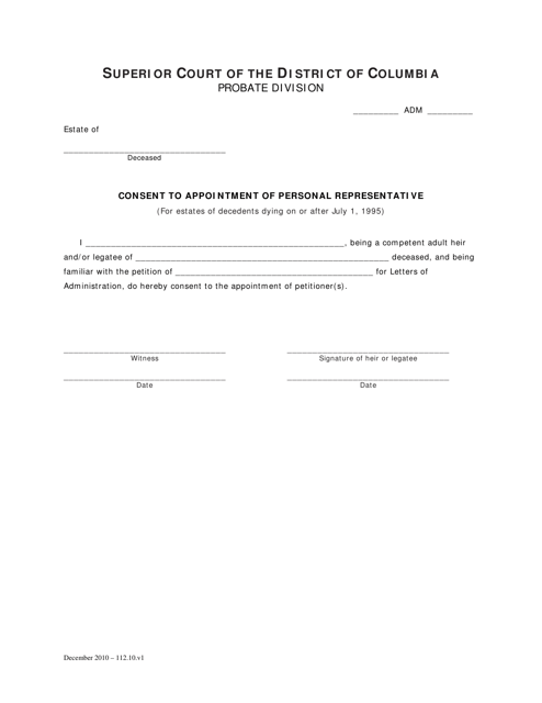 Consent to Appointment of Personal Representative (For Estates of Decedents Dying on or After July 1, 1995) - Washington, D.C.