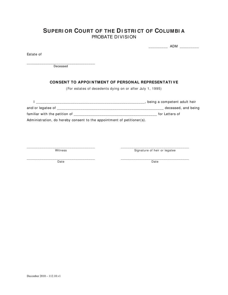 Consent to Appointment of Personal Representative (For Estates of Decedents Dying on or After July 1, 1995) - Washington, D.C., Page 1