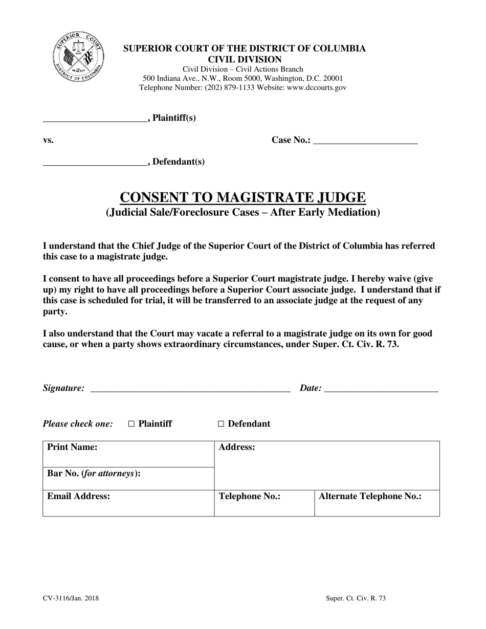 Form CV-3116 Consent to Magistrate Judge (Judicial Sale/Foreclosure Cases - After Early Mediation) - Washington, D.C., Page 1