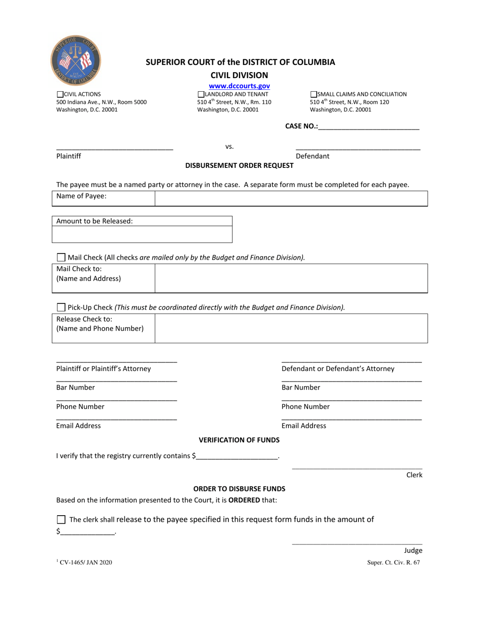 Form CV-1465 Disbursement Order Request - Washington, D.C., Page 1