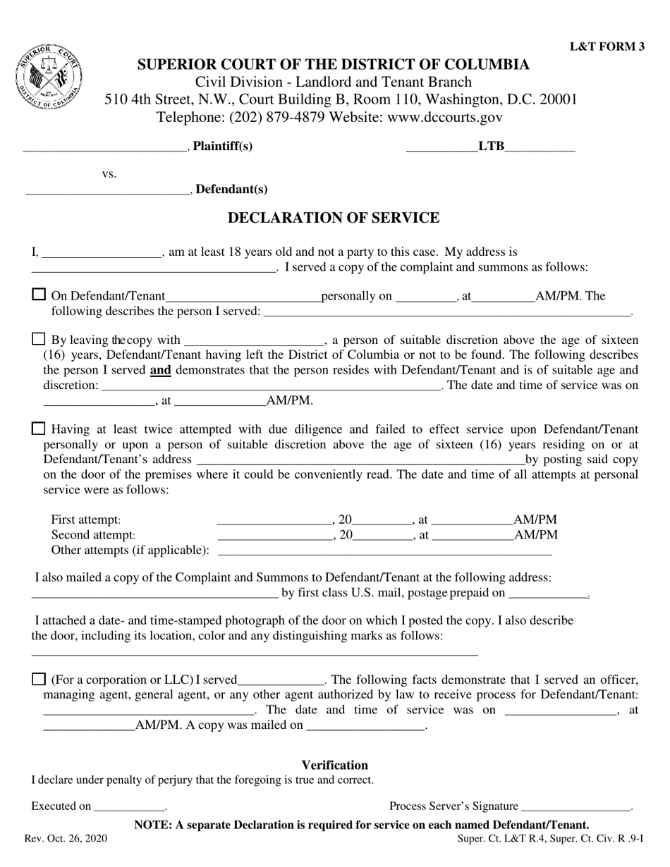 LT Form 3 Declaration of Service - Washington, D.C., Page 1