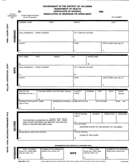 Form DHS-1601 Certificate of Divorce, Dissolution of Marriage or Annulment - Washington, D.C.