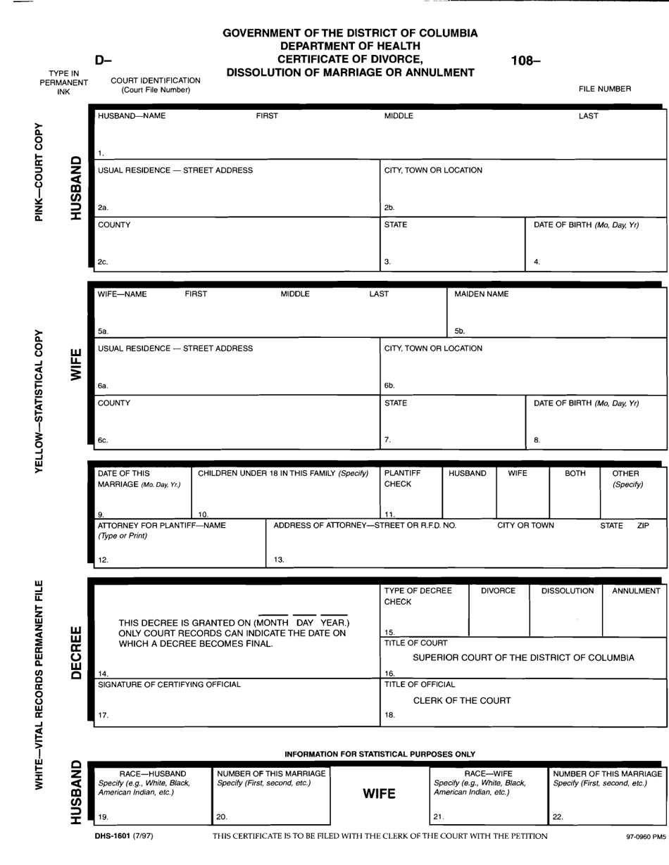 Form DHS-1601 Certificate of Divorce, Dissolution of Marriage or Annulment - Washington, D.C., Page 1