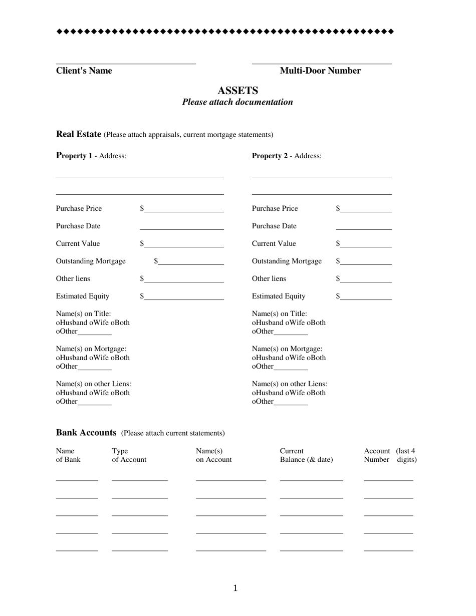 Family Mediation Financial Form - Assets - Washington, D.C., Page 1