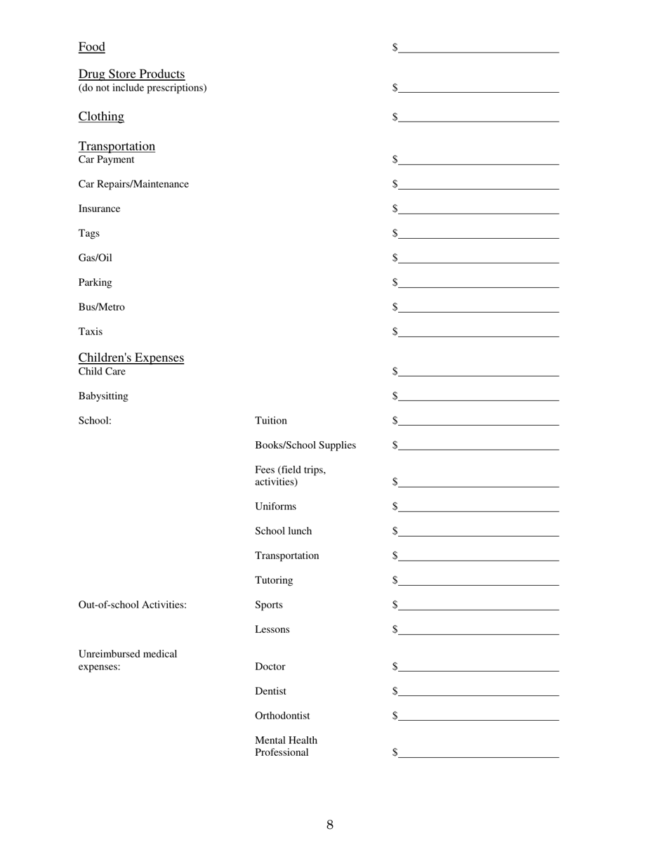 Family Mediation Financial Form - Assets - Washington, D.C., Page 8