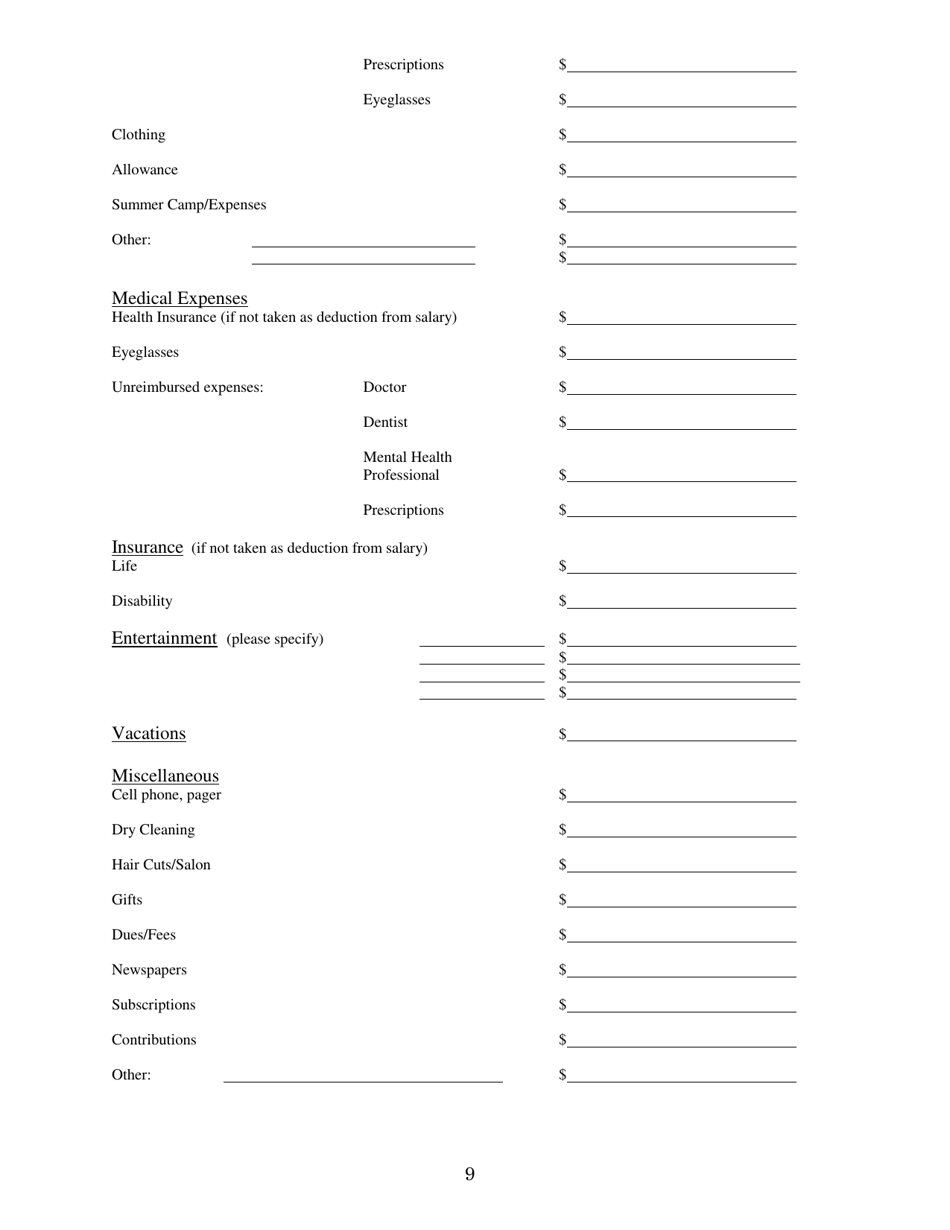 Family Mediation Financial Form - Assets - Washington, D.C., Page 9