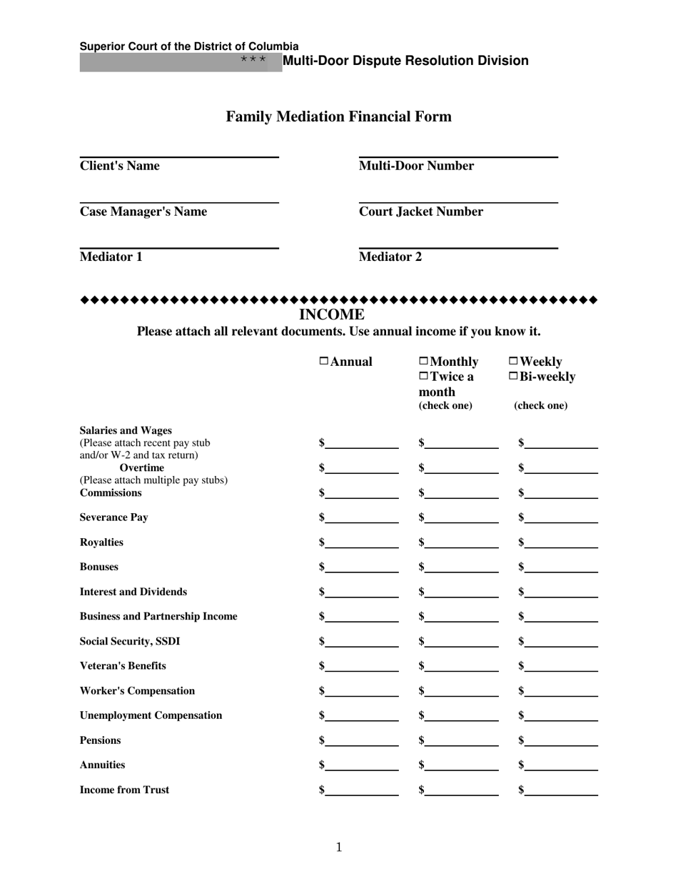 Family Mediation Financial Form - Income - Washington, D.C., Page 1