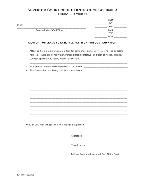 Motion for Leave to Late File Petition for Compensation and Order - Washington, D.C. Download Pdf