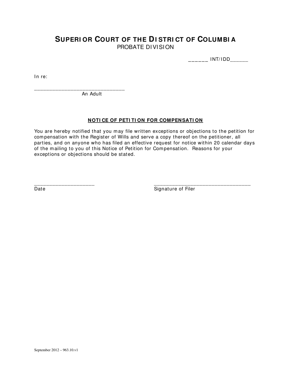 Notice of Petition for Compensation - Washington, D.C., Page 1