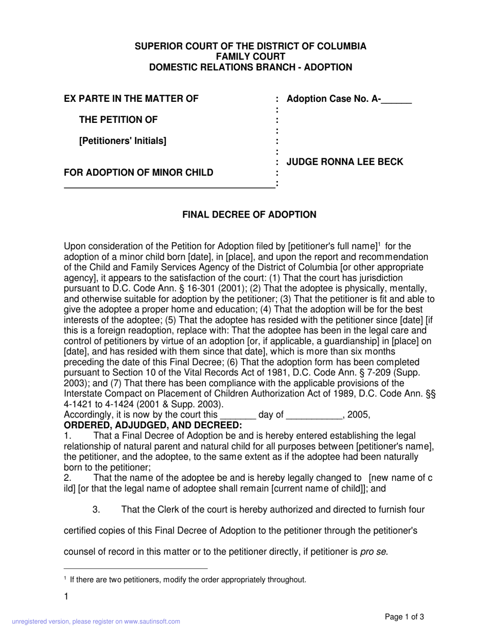 Final Decree of Adoption - Washington, D.C., Page 1