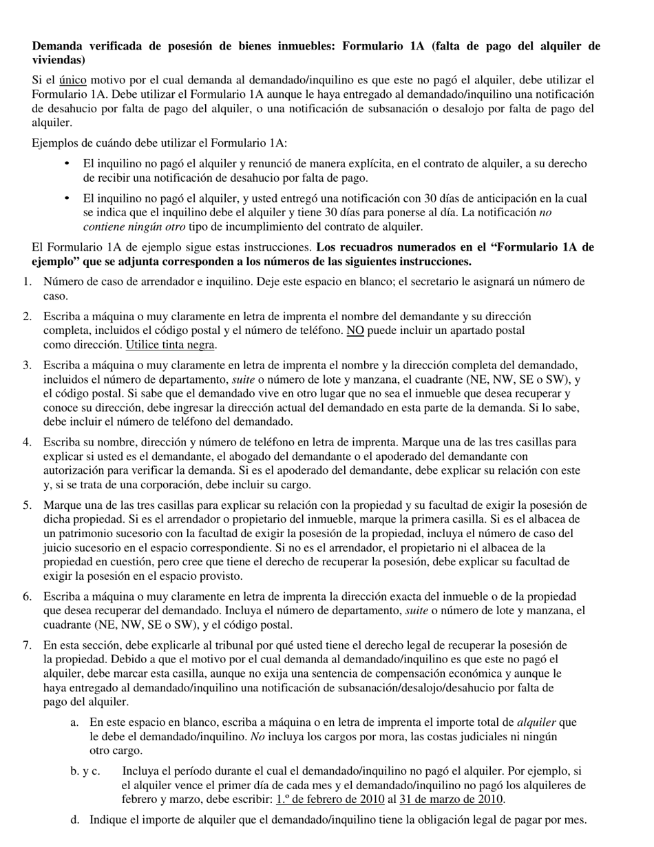 Instrucciones para Formulario 1A Demanda Verificada De Posesion De Bienes Inmuebles - Washington, D.C. (Spanish), Page 1