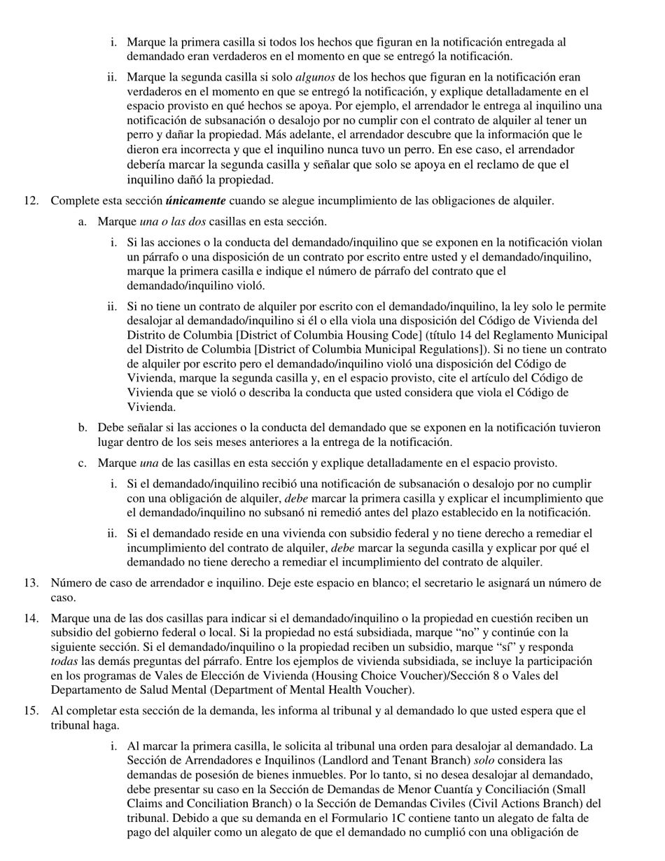 Instrucciones para Formulario 1C Demanda Verificada De Posesion De Bienes Inmuebles - Washington, D.C. (Spanish), Page 3